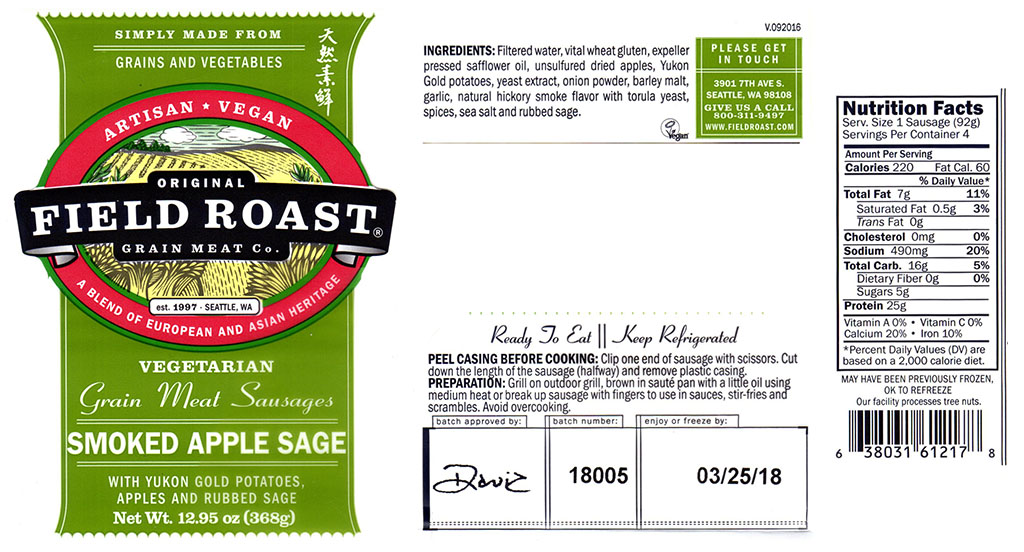 Field Roast Smoked Apple Sage Sausage package with nutrition and cooking details