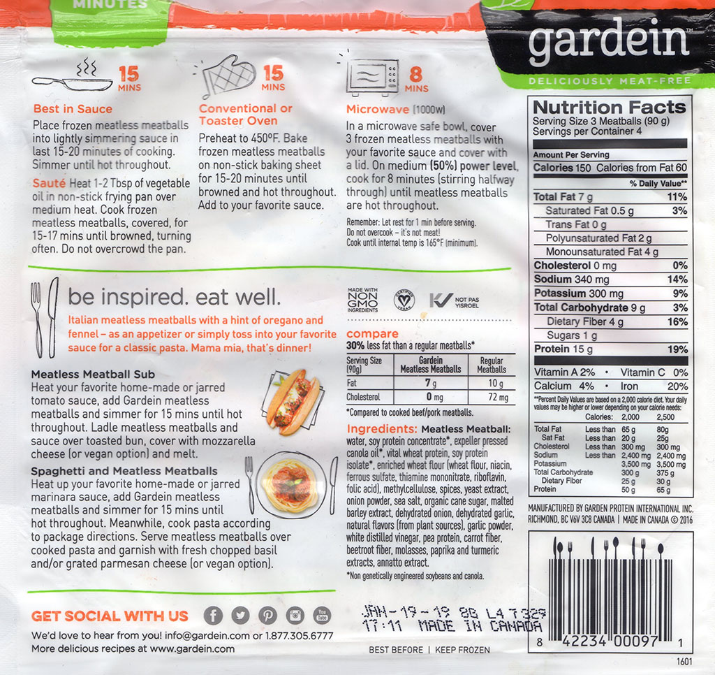 Gardein Classic Meatless Meatballs back