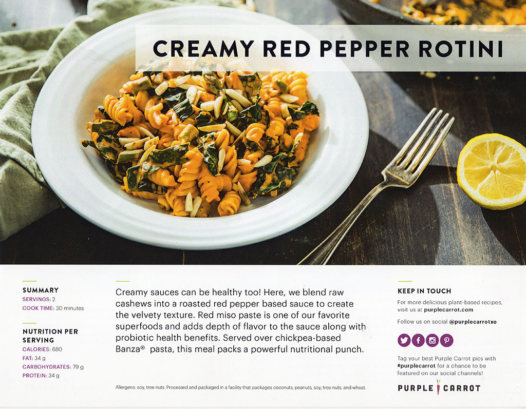 Purple Carrot - creamy red pepper rotini recipe front