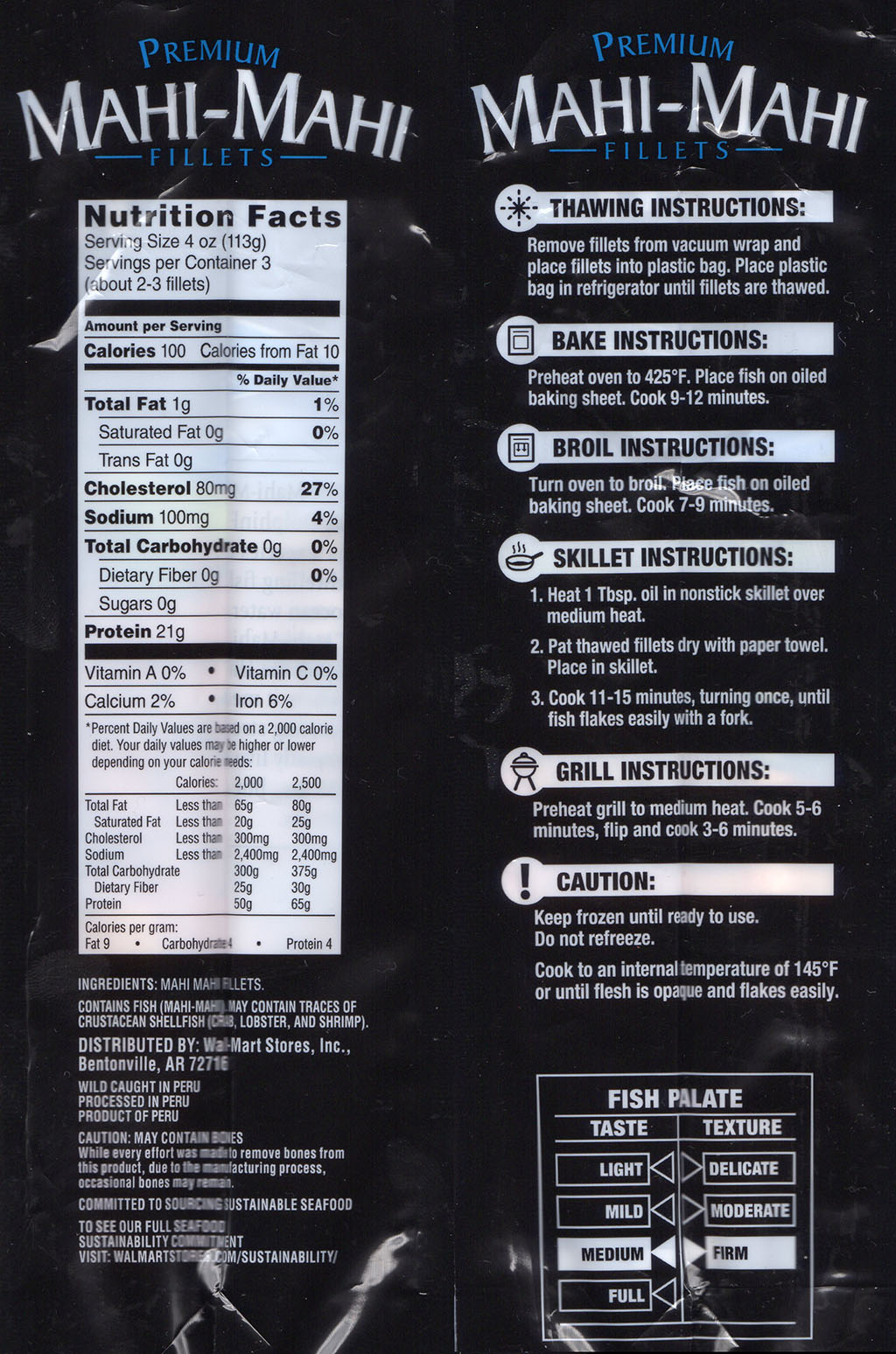 Walmart Premium Mahi Mahi Fillets nutrition, cooking and defrost info