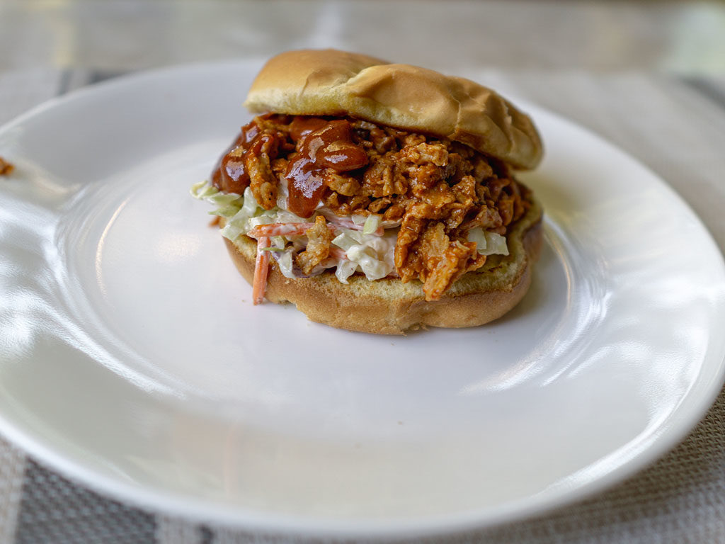 MoringStar Farms pulled pork cooked in sauce