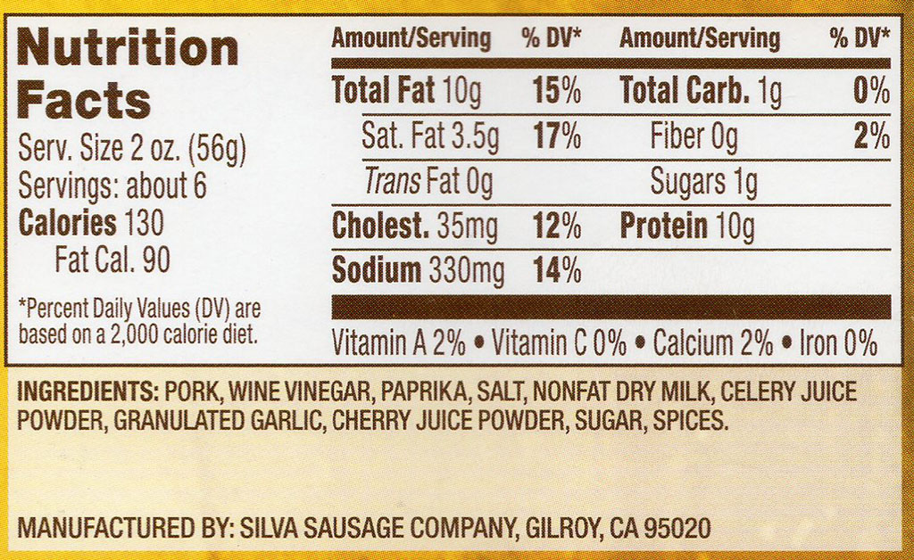 Silva Linguica Portugese Sausage package nutrition