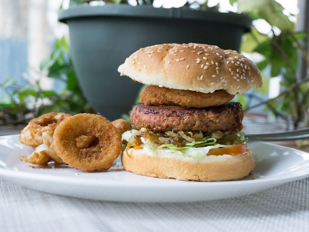 The Beyond Burger with onion rings