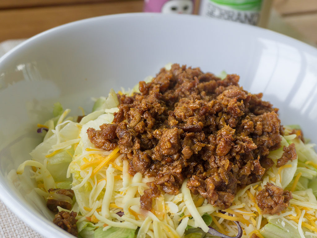 Vegeterian taco salad with MorningStar Farms Grillers Crumblers