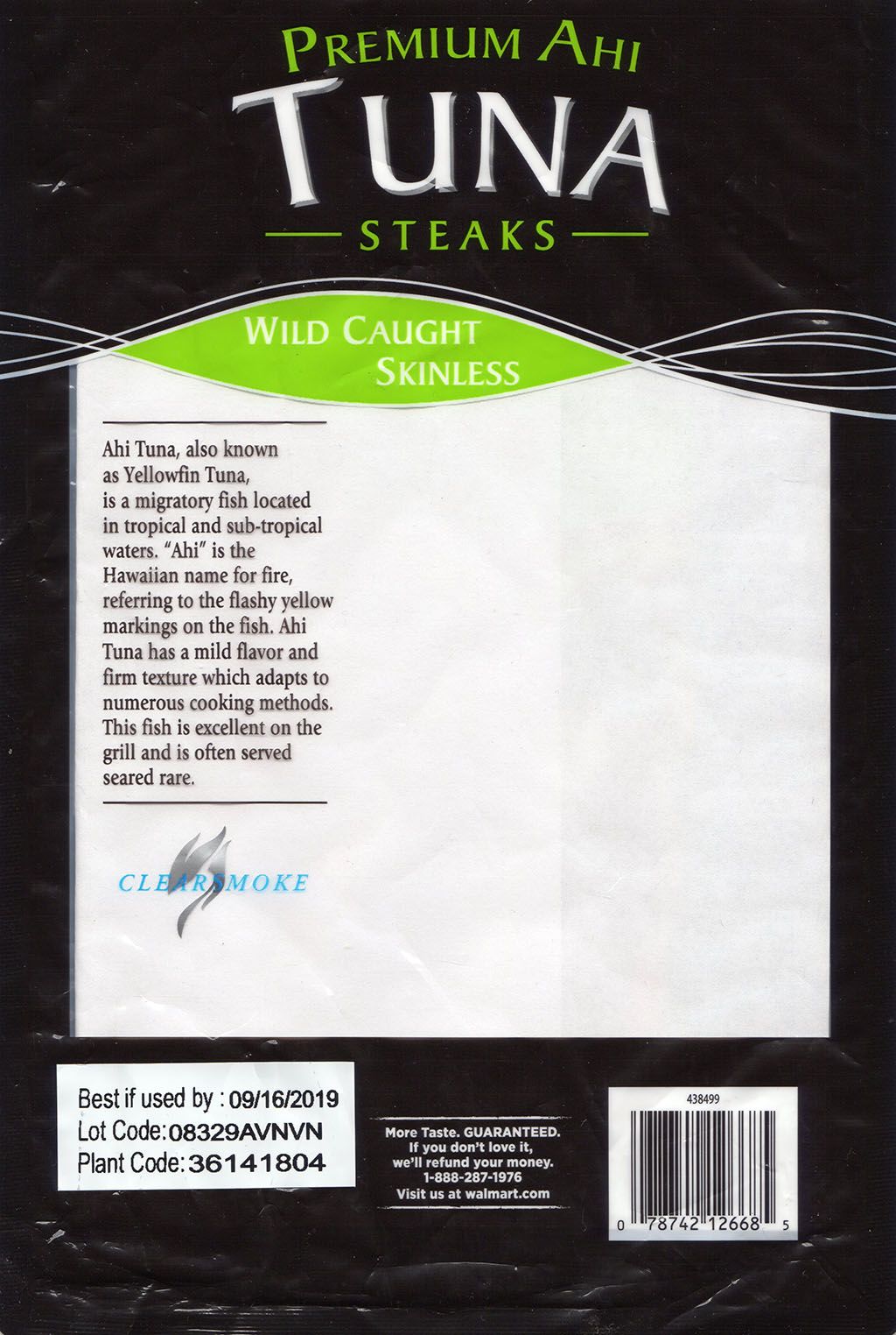 Walmart Premium Ahi Tuna Steaks packaging rear