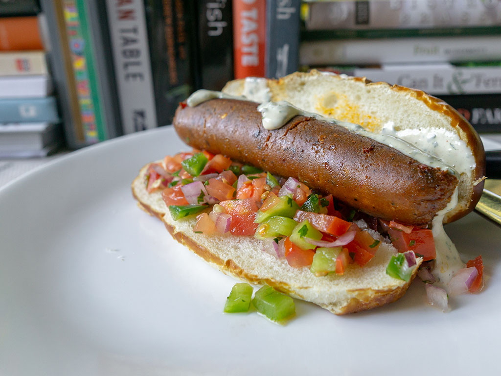Field Roast Mexican Chipotle Sausage on bun with pico