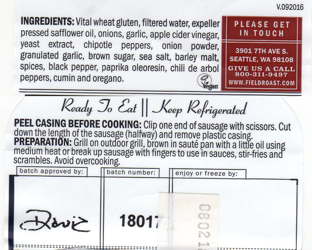 Field Roast Mexican Chipotle Sausages ingredients and cooking instructions