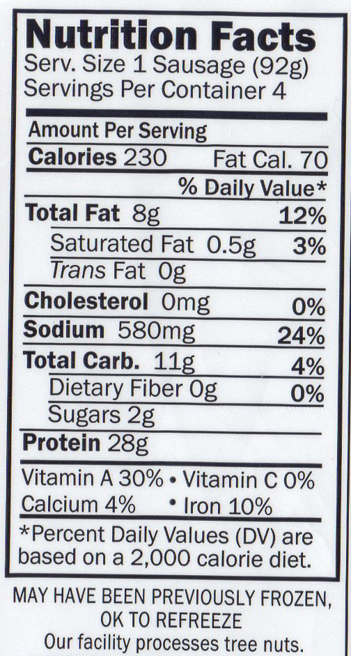 Field Roast Mexican Chipotle Sausages nutrition