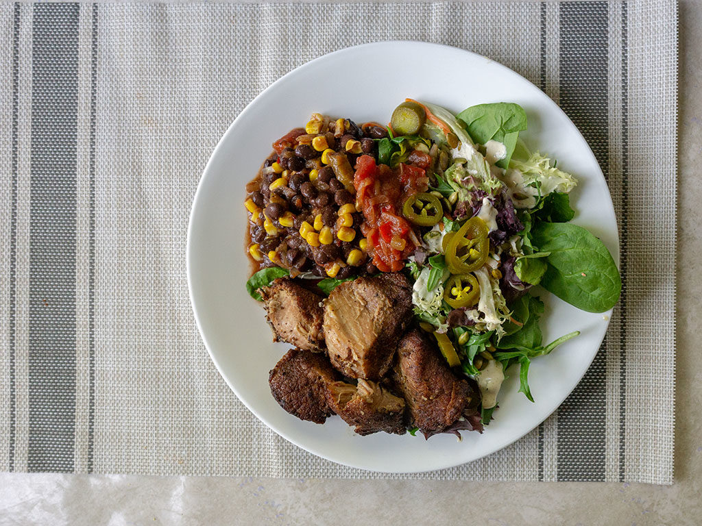 Kroger Pork Carnitas with beans and salad top down