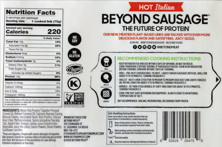 beyond meat ingredients nutritional information