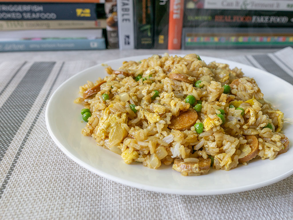 Curry fried rice with Field Roast frankfurters