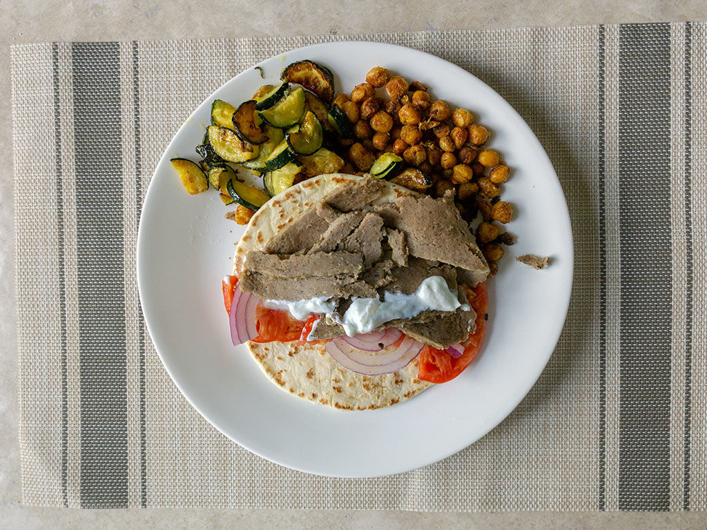 Trader Joe's - Gyro Slices gyro plate with spiced chickpeas and zucchini