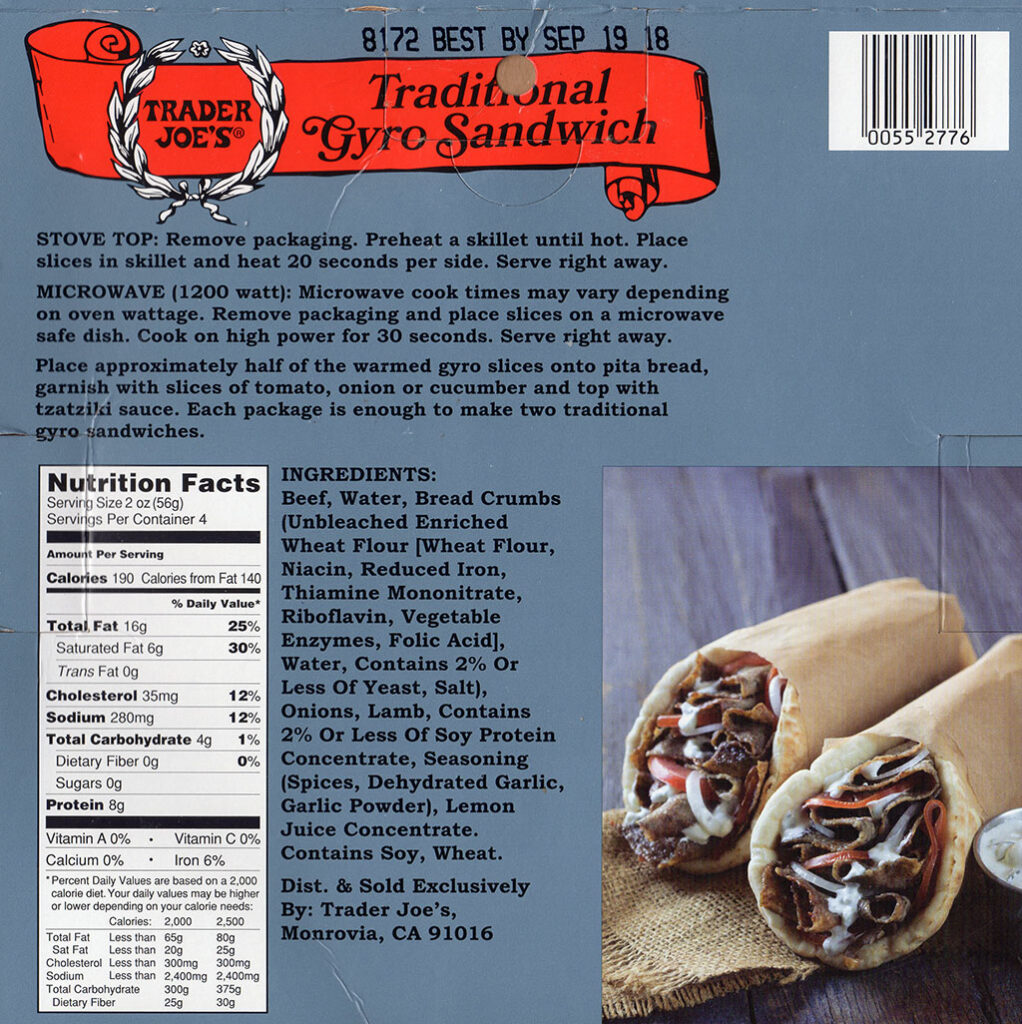 Trader Joe's Gyro Slices nutrition, cooking instructions and ingredients