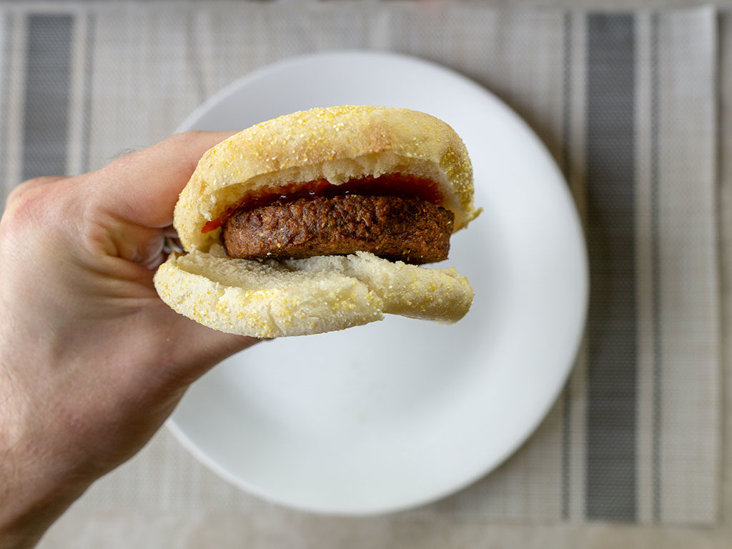 365 Meatless Breakfast Patties - patty on muffin with ketchup