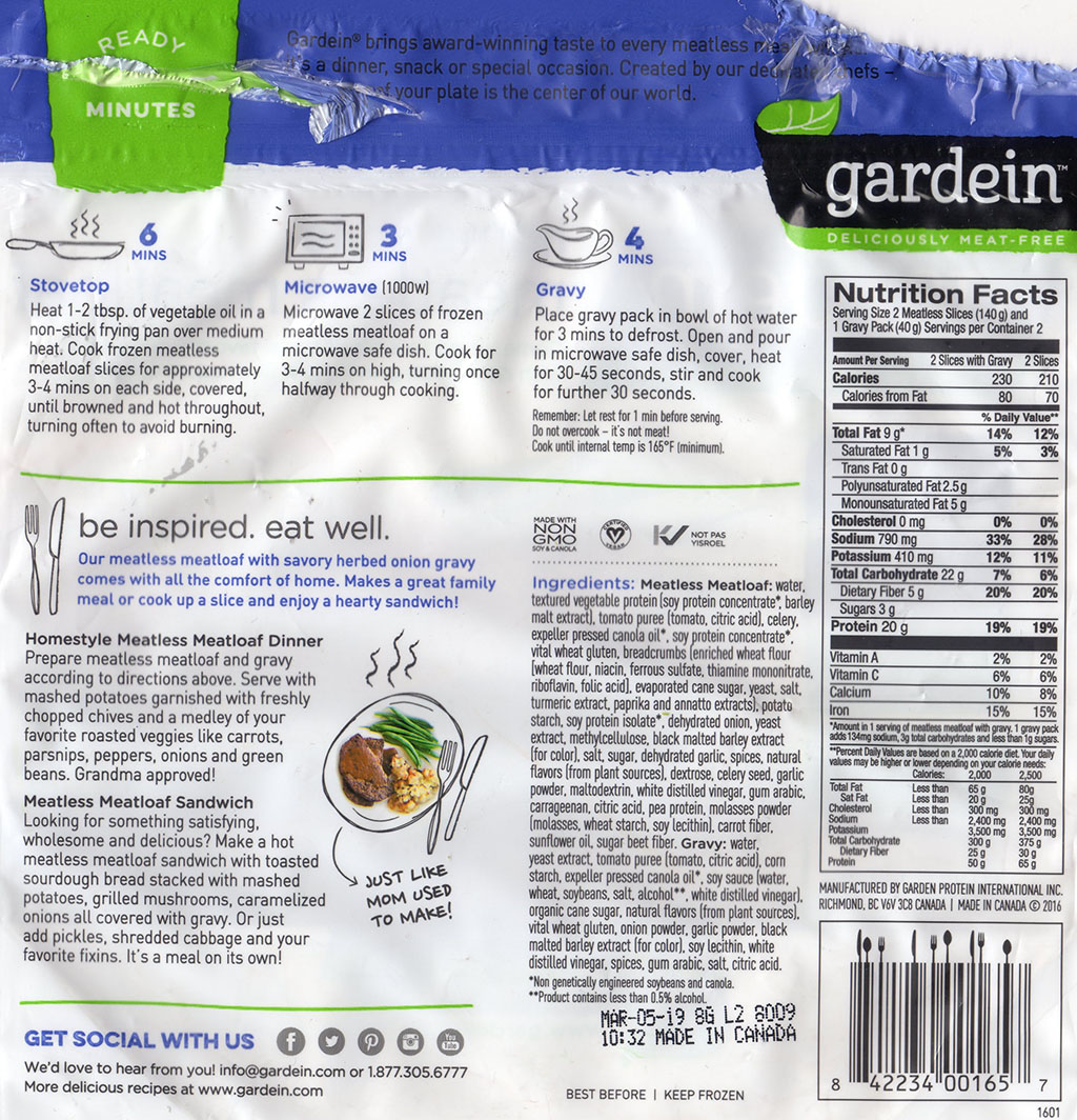 Gardein Home Style Meatless Meatloaf cooking instructions, ingredients, nutrition