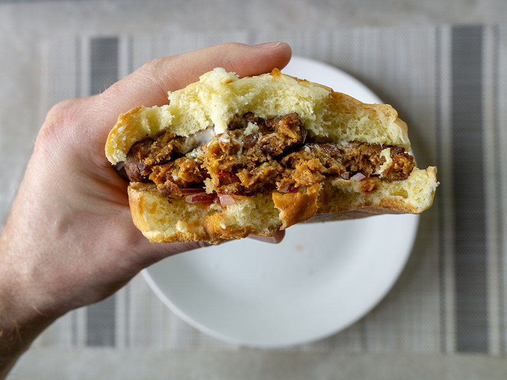 Meatloaf sandwich side view with Gardein Home Style Meatless Meatloaf