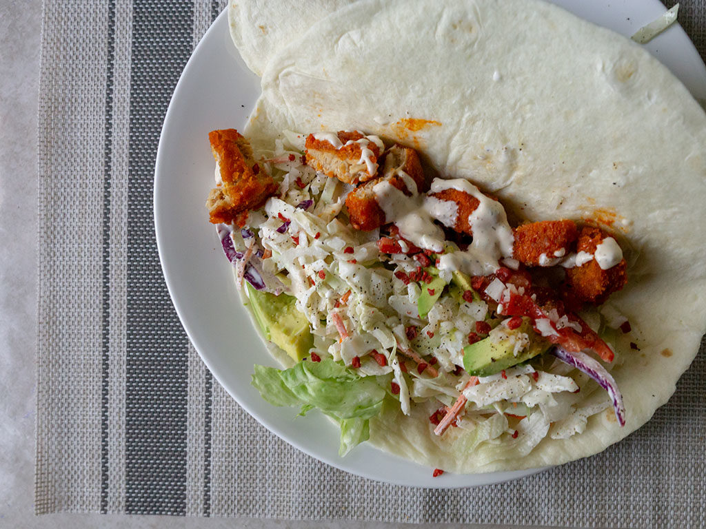 Buffalo wrap with MorningStar Farms Chick'N Nuggets