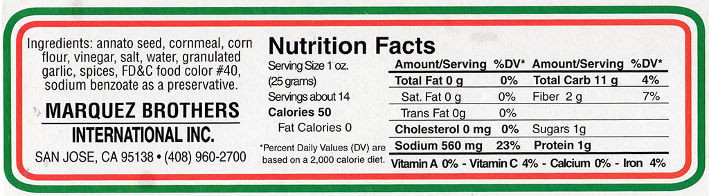 El Mexicano Achiote Rojo nutrition and ingredients