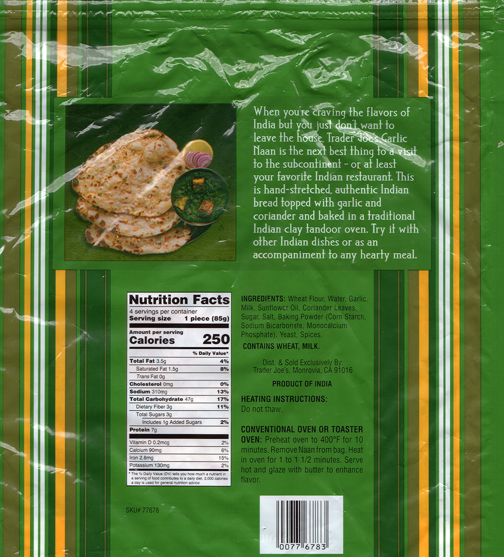 Trader Joe's Garlic Naan cooking instructions, nutrition, ingredients