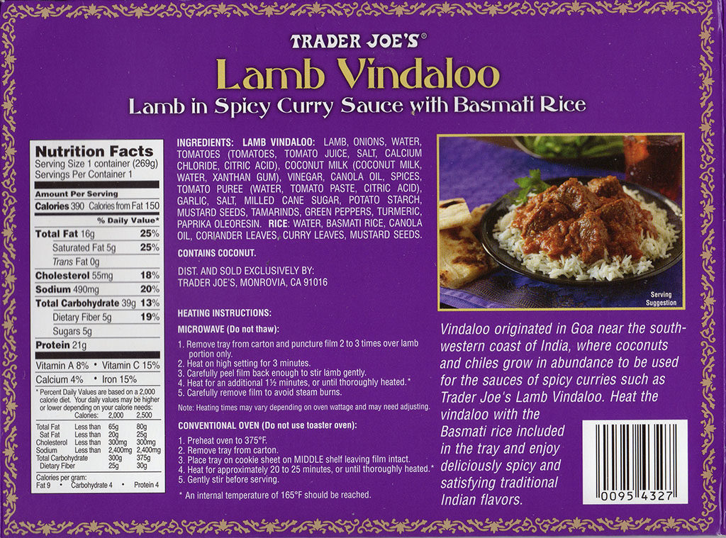 Trader Joe's Lamb Vindaloo cooking instructions, nutrition and ingredients