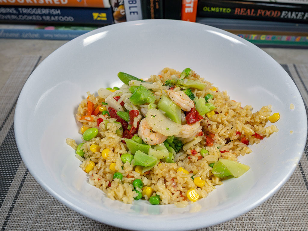 Trader Joe's Vegetable Fried Rice cooked with Trader joe Shrimp stir fry