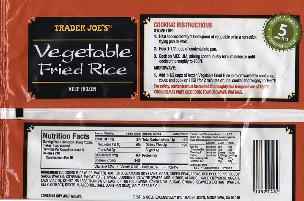 Trader Joe's Vegetable Fried Rice cooking instructions, nutrition, ingredients