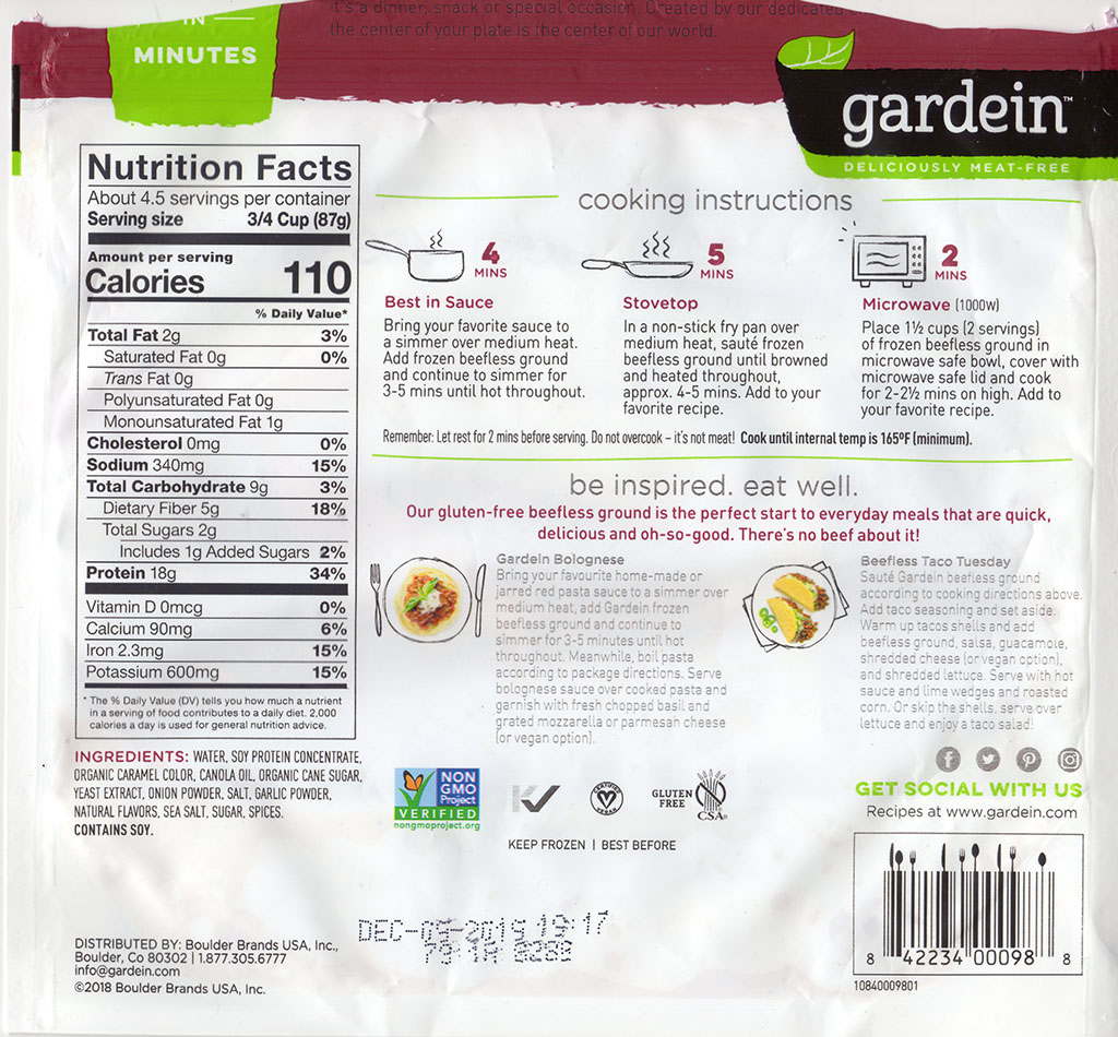 Gardein The Ultimate Beefless Ground cooking instructions, nutrition
