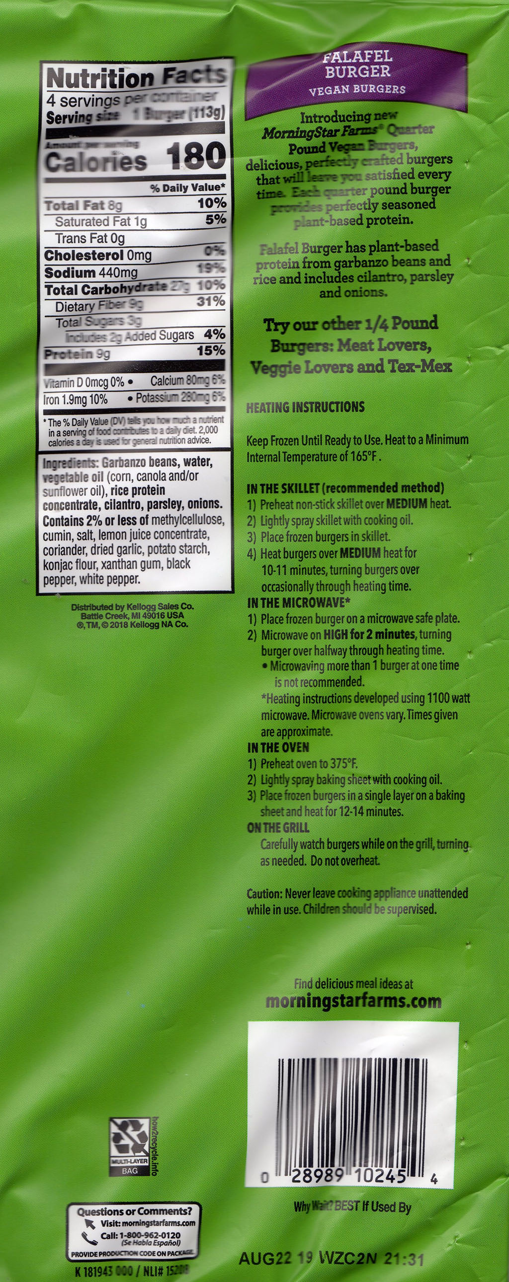 MorningStar Farms Falafel Burger nutrition, cooking instructions