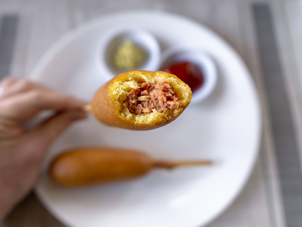 State Fair Beef Corn Dogs - cooked close up