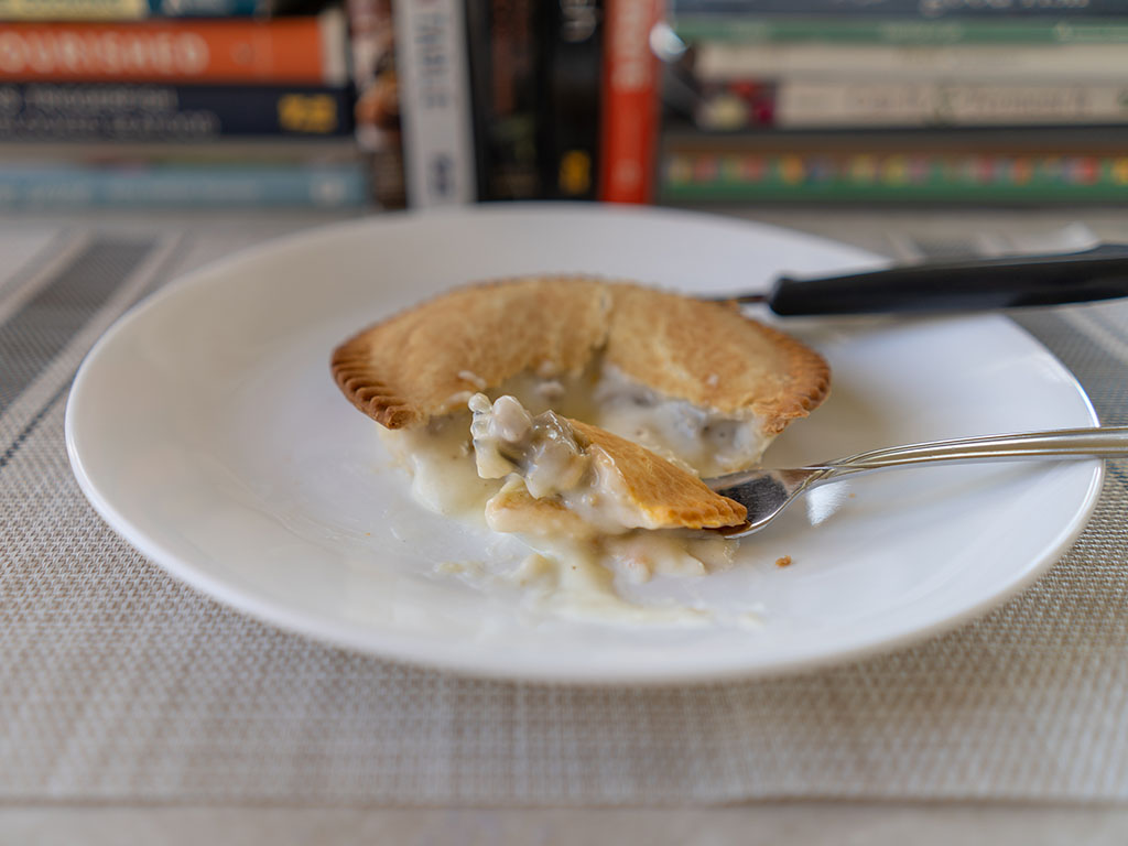 Banquet Sausage And Gravy Deep Dish pot pie side view close