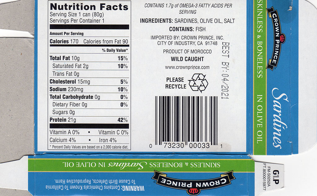 Crown Prince Skinless And Boneless Sardines nutrition