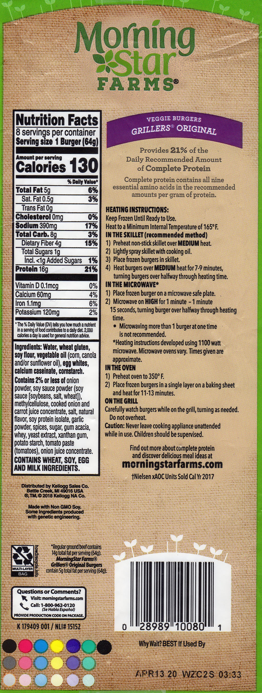 MorningStar Farms Grillers Original 2019 nutrition, ingredients