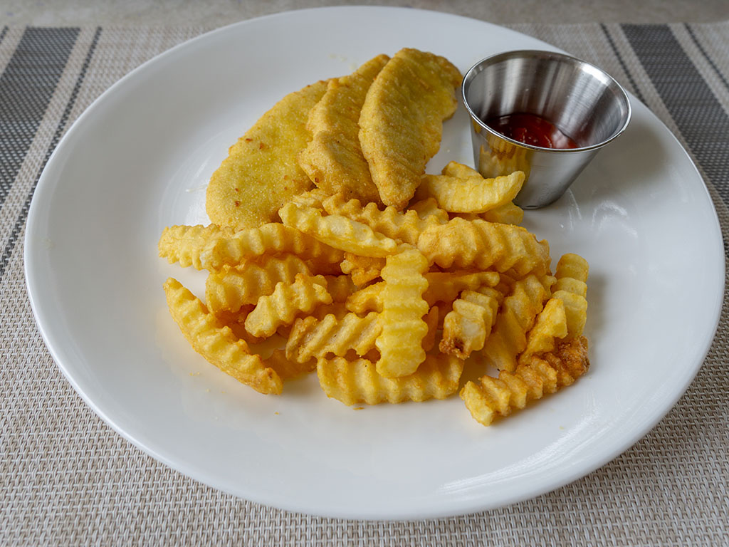 Ore-Ida Extra Crispy Crinkle French Fries with chicken tenders