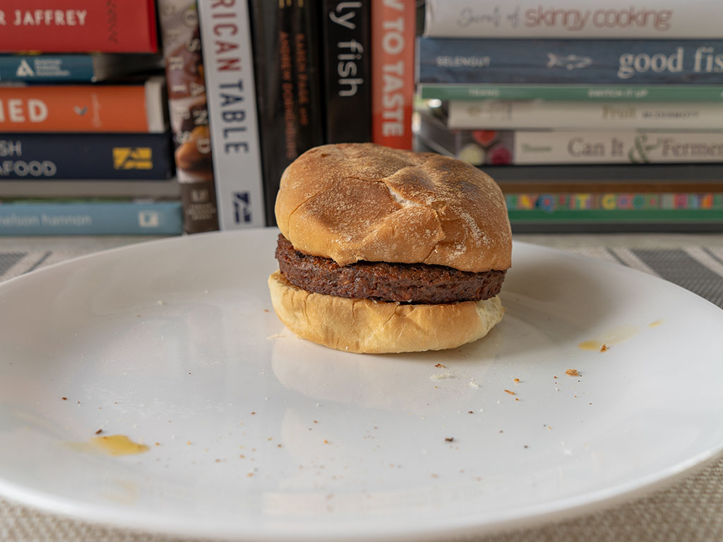 365 Plant Based Smoky And Spicy Burgers cooked on bun