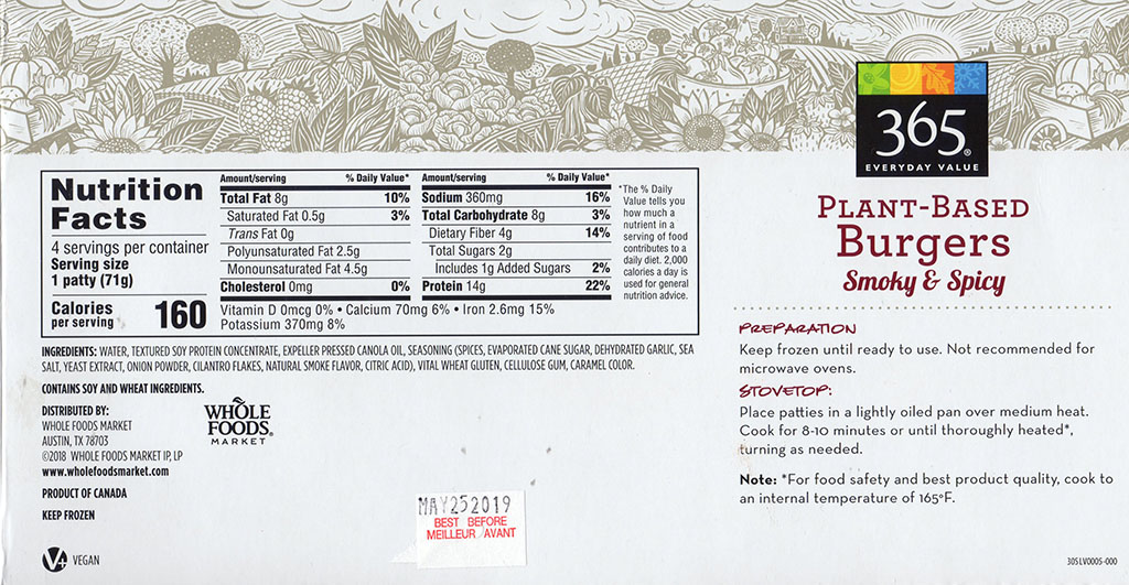 365 Plant Based Smoky And Spicy Burgers cooking instructions, ingredients