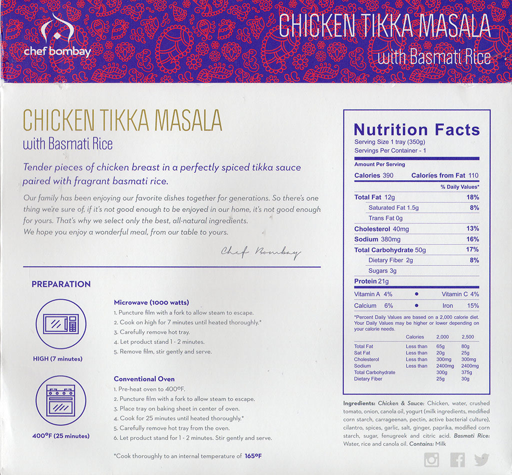 Chef Bombay Chicken Tikka Masala cooking instructions, ingredients