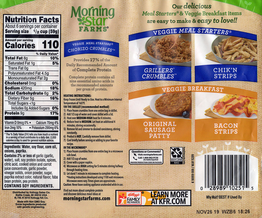 MorningStar Farms Chorizo Crumbles cooking instructions, ingredients