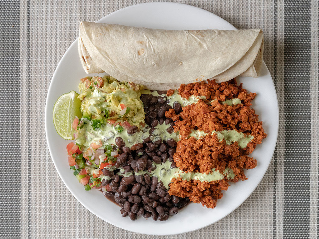 MorningStar Farms Chorizo Crumbles with blackbeans and guacamole