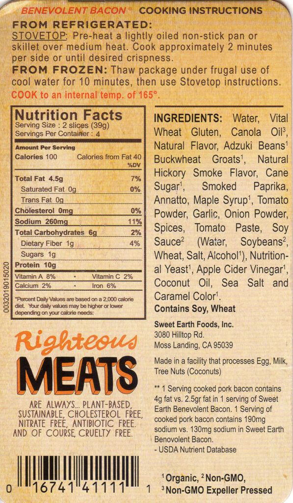 Sweet Earth Hickory And Sage Benevolent Bacon cooking instructions, ingredients
