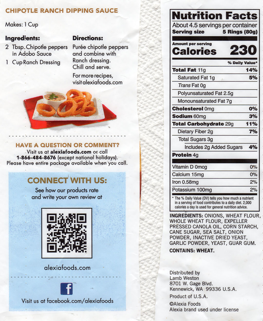 Alexia Crispy Onion Rings nutrition, recipe