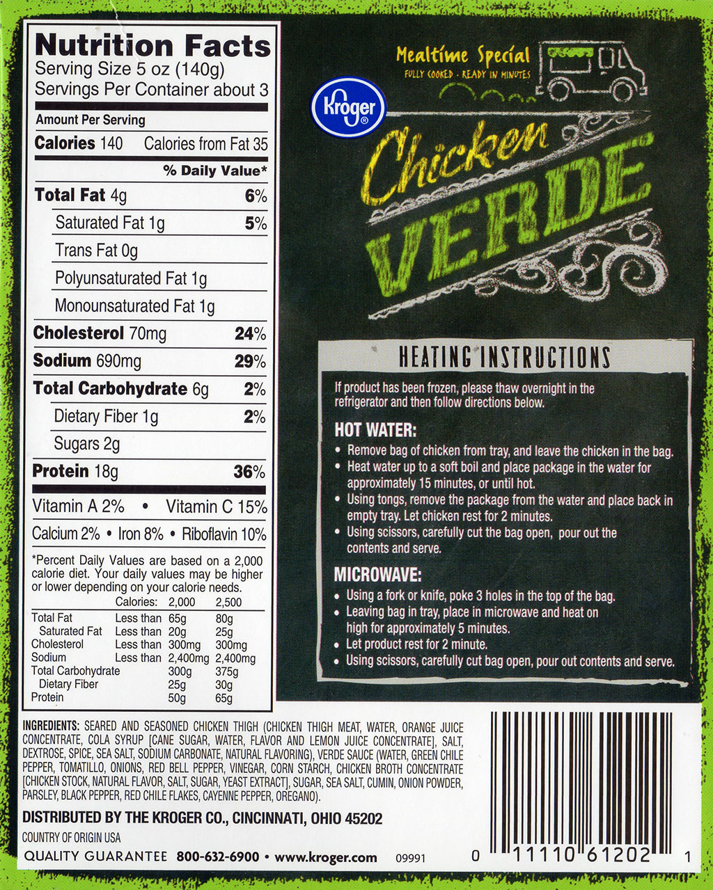 Kroger Chicken Verde cooking instructions, ingredients