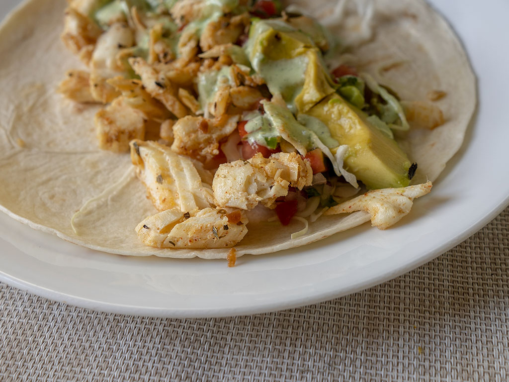 Sam's Choice Wild Caught Alaskan Halibut fish taco close up