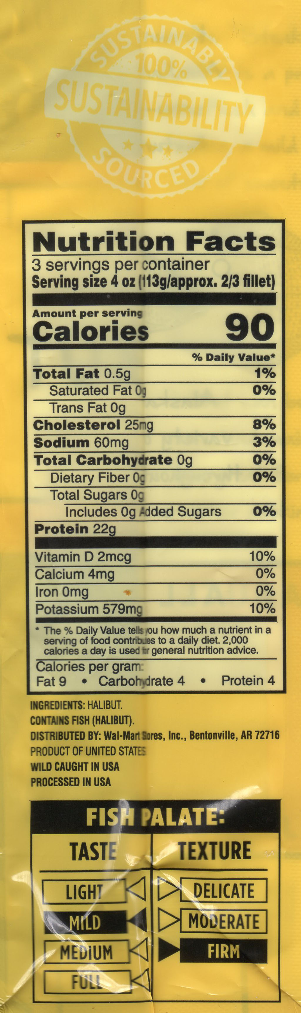 Sam's Choice Wild Caught Alaskan Halibut nutrition