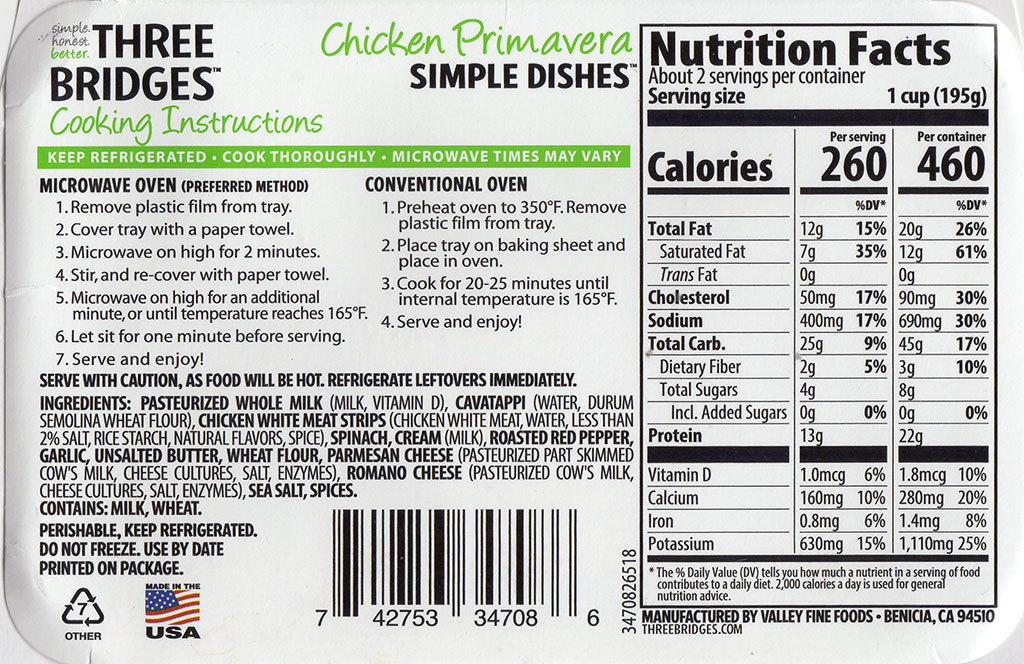 Three Bridges Chicken Primavera cooking instructions, ingredients, nutrition