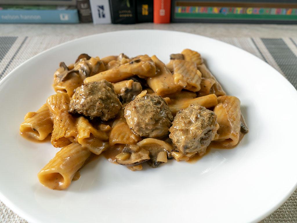 Three Bridges Rigatoni Meatballs And Mushroom Cream Sauce cooked close up