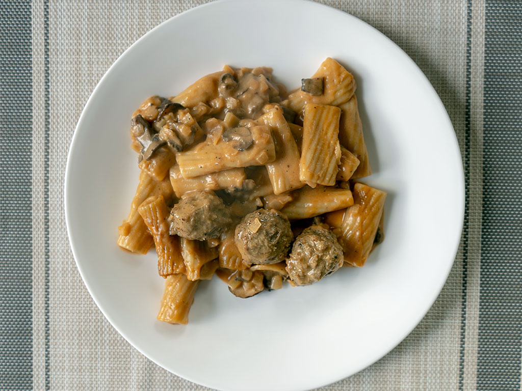 Three Bridges Rigatoni Meatballs And Mushroom Cream Sauce cooked