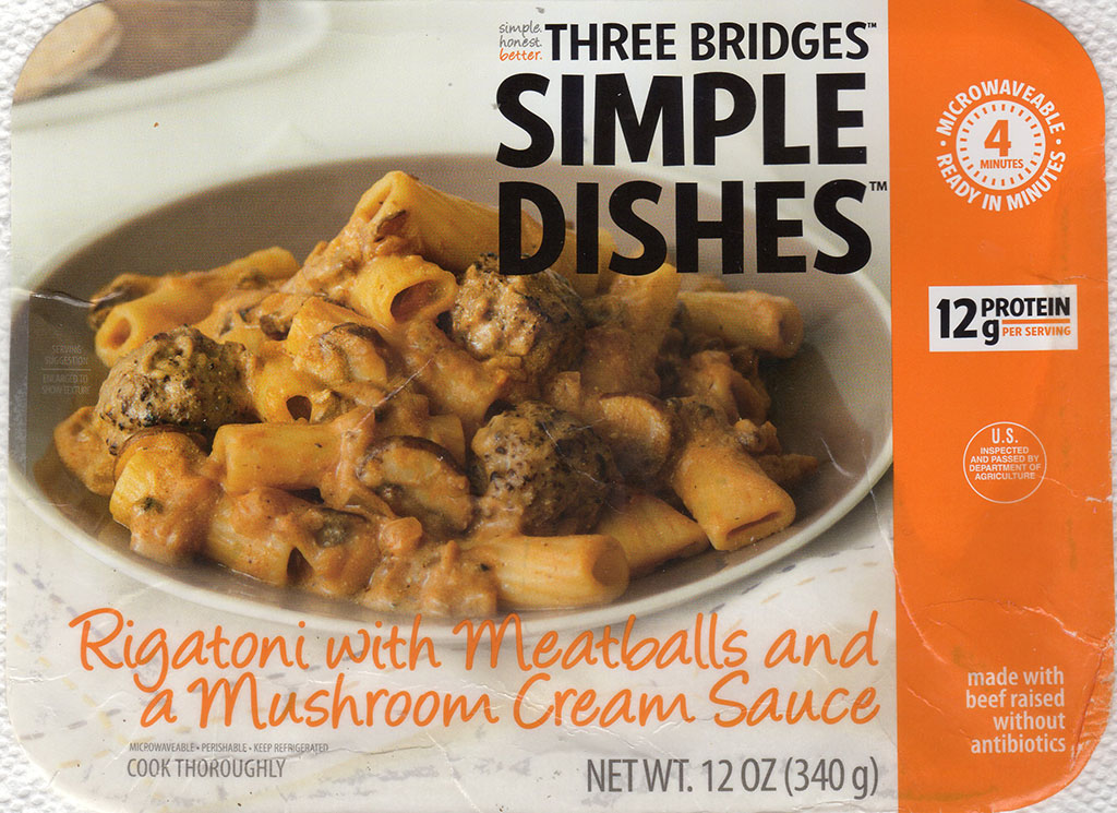 Three Bridges Rigatoni Meatballs And Mushroom Cream Sauce package front