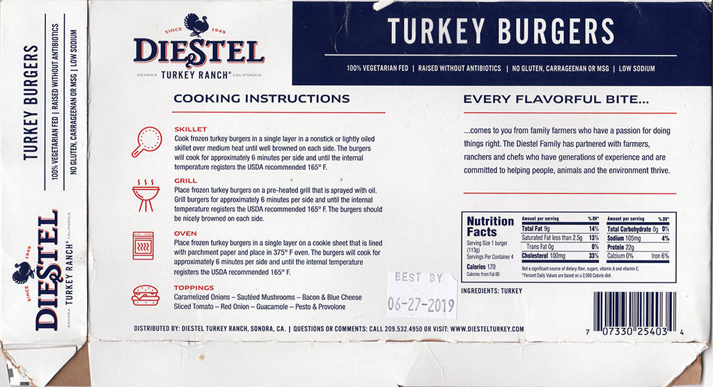 Diestel Turkey Burgers cooking instructions, nutrition