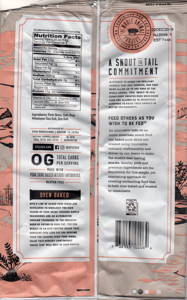 Epic Oven Baked Pork Rinds With Sea Salt package rear