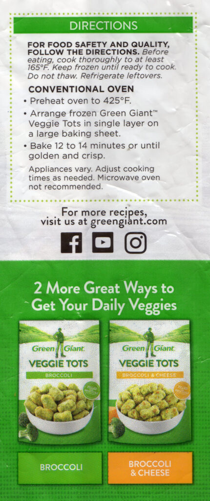 Green Giant cauliflower veggie tots cooking directions